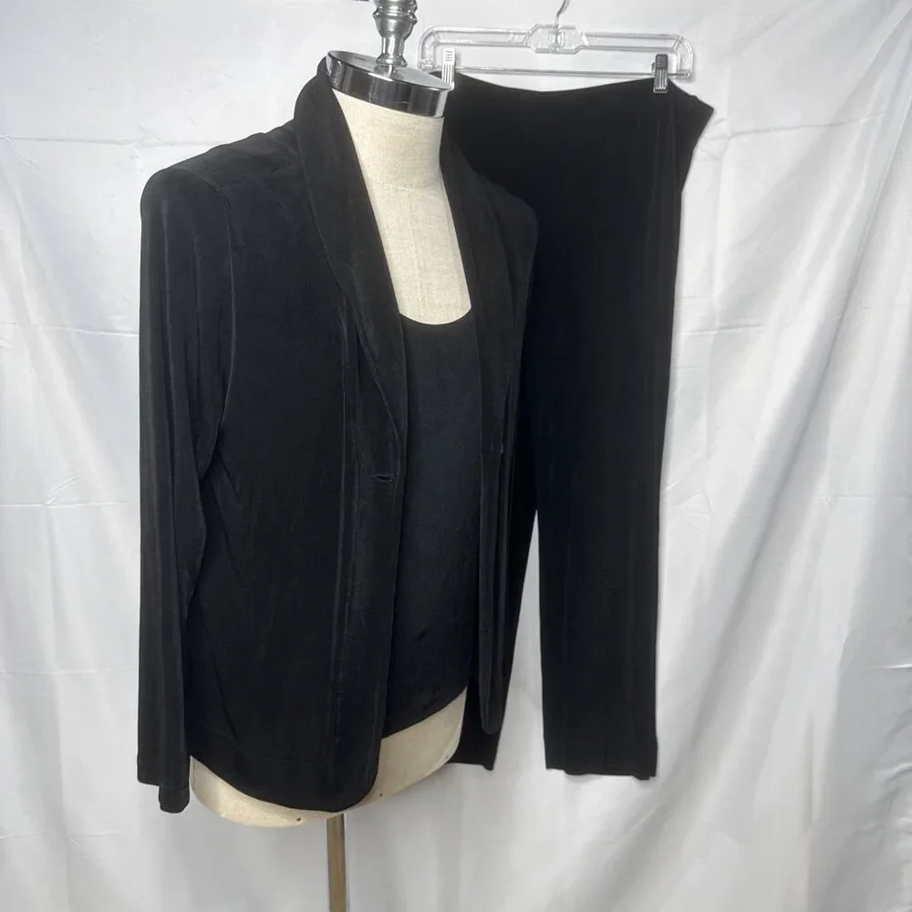 Chicos Travelers Womens 2 Black 3Pc Set Knit Tank Top Cardigan Pull On Pants L